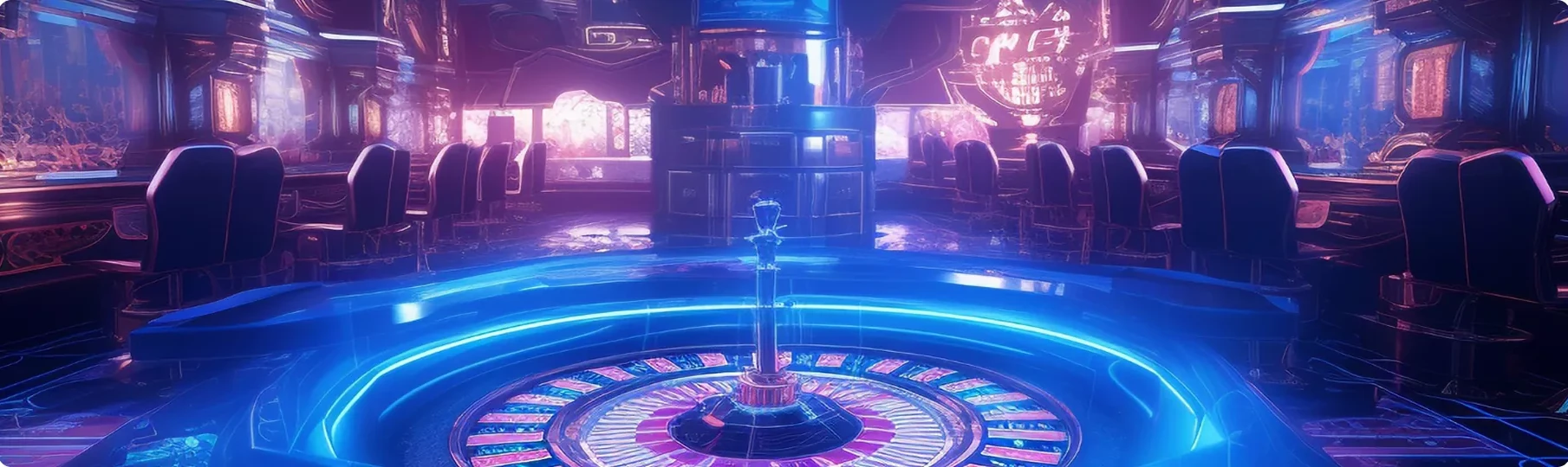 The futuristic, glowing interior of a Multicasino with a roulette table